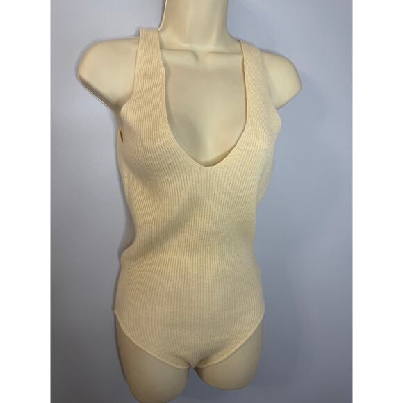 Ryan Roche Cashmere Bodysuit Rib Knit Cream Tie Open Back O/S - Picture 12 of 12